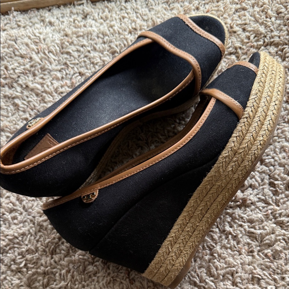 Tory Burch Black and Tan Espadrille Wedges